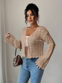 Elenzga Áo khoác len cardigan khoét lỗ thắt nơ phía trước thanh lịch dành cho nữ - Màu Khaki - Xem 6
