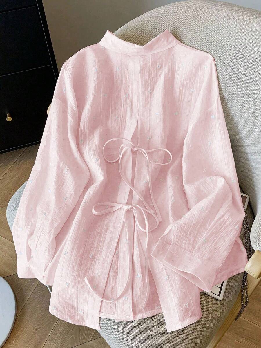 SHEIN 女式时尚宽松薄款露背系带长袖大码衬衫，春夏 - 淺粉色 - 查看 1