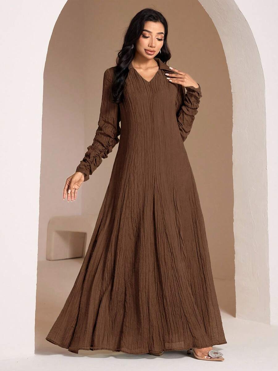 Veilorie Modest Casual Shirt Collar Ruched Sleeve Super Long Dress For Women, Women's Arabic Style Chocolate Brown Elegant - Coffee Brown - View 1