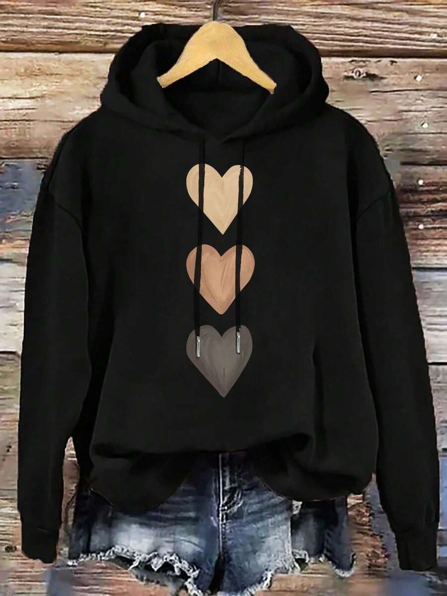 EMERY ROSE Plus Size Women Heart Graphic Drop Shoulder Drawstring Hooded Thick Sweatshirt, Suitable For Fall And Winter Hoodie Autumn - Black - View 1