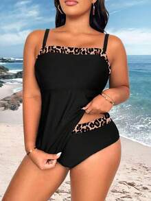 Swim Lushoire Plus Size Women's Contrast Color Leopard Patchwork Spaghetti Strap Summer Tankini Swimsuit - Multicolor - View 1