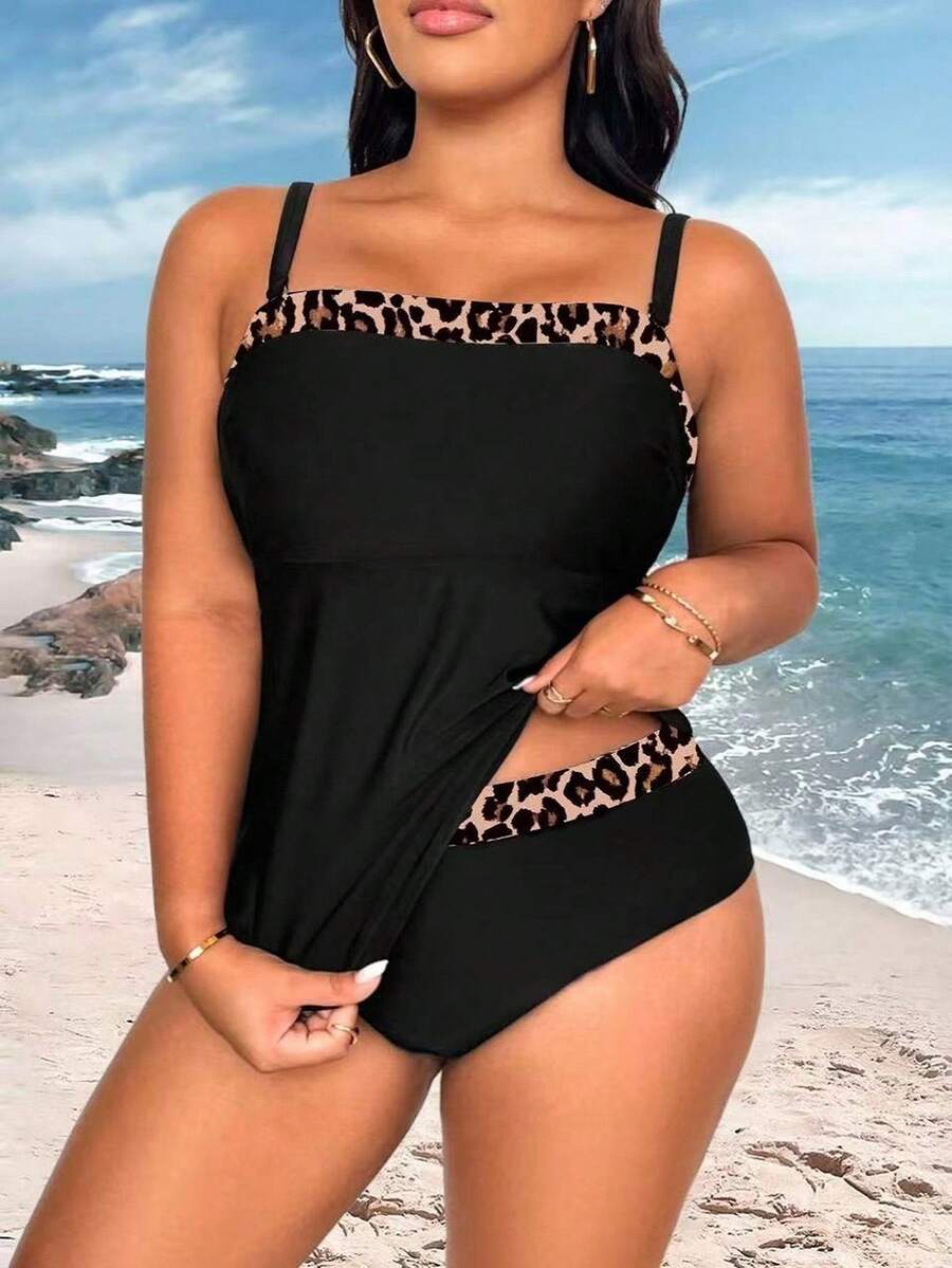 Swim Lushoire Plus Size Women's Contrast Color Leopard Patchwork Spaghetti Strap Summer Tankini Swimsuit - Multicolor - View 1