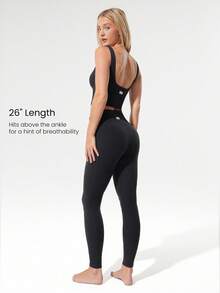 GLOWMODE 26" FeatherFit™-Ribbed No Front Seam Side Pockets High-Rise Waist Leggings Low Impact Yoga Pilates Studio Daily Casual Wear  Spring Summer - Black - View 6