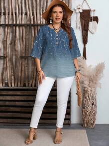 EMERY ROSE Casual Minimalist Ombre Ditsy Floral Decorative Button Notched Neck 3/4 Sleeve Loose Plus Size Women Shirt, Suitable For Summer Boho Blouses Boho Tops For Women Tunic Blouse Chic Blouses For Women Blue Tunic Blouse For Women Blue Boho Top Women Blue Top Floral Print Tunic Top Floral Print Blouse Blue Blouse For Women,Flower/Vacation/Spring - Multicolor - View 4