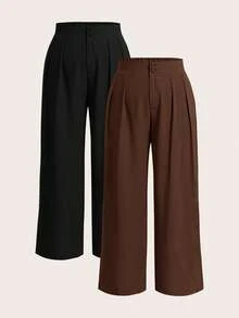 Elaquor Quần ống rộng xếp ly màu trơn cỡ lớn dành cho nữ, Quần thu nữ, Quần cài nút, Quần khóa kéo, Quần lưng thun co giãn, Quần công sở dành cho nữ - màu nâu - Xem 1