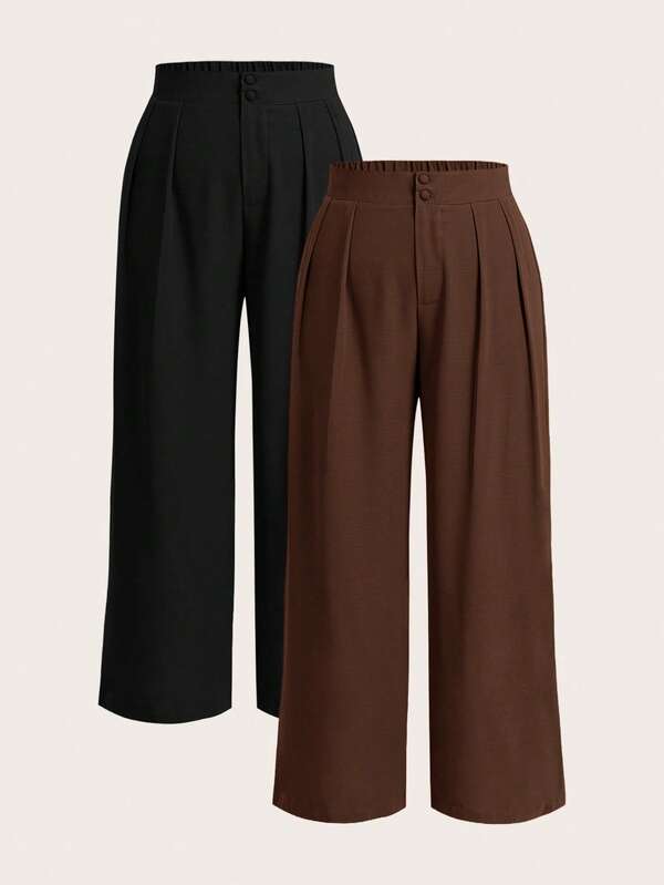 Elaquor Pantalones casuales de pierna ancha y plisados de unicolor para mujer de talla grande, pantalones de otoño para mujer, con botón, cremallera y cintura elástica en la espalda, pantalones de oficina para mujer