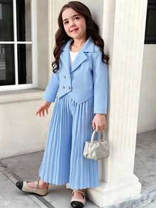 女童简约优雅西装外套，不对称下摆和高腰褶皱长裤套装，适合返校季穿着 - 藍色 - 查看 3