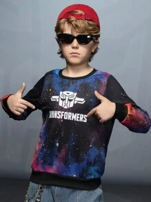 Transformers X SHEIN Tween Boy Letter & Robot Graphic Crew Neck Long Sleeve Pullover Sweatshirt Fall Winter - Black - View 5