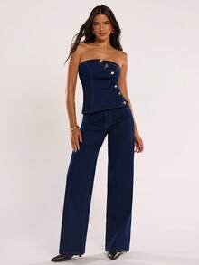 SHEIN BAE Women's Bandeau Top With Single-Breasted Design And Flare Pants Fashion Set - Medium Wash - View 8