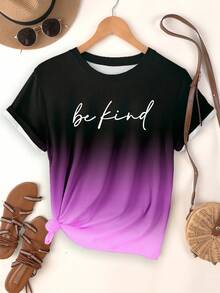 EMERY ROSE Plus Size Women's Ombre Color Round Neck Casual Short Sleeve T-Shirt, Loose Fit Versatile Top, Women's Letter & Graphic Print Minimalist T-Shirt