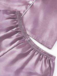 LuxeNights 3 Piece Set Women's Contrast Trim Solid Color Faux Silk Lapel Pajama - Mauve Purple - View 5
