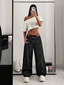 StreetHx 休闲低腰做旧宽松星星刺绣牛仔裤 - 黑色 - 查看 4