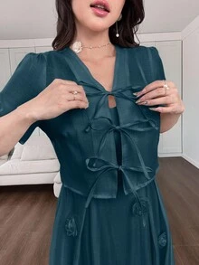 Modelyn 2件套女士3D花卉装饰腰部吊带背心连衣裙和系带袖上衣 - 藍色 - 查看 6