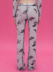 COUREZ 碎花低腰喇叭网纱裤 / Y2K 出门穿搭 秋季女装 秋季服装 可爱冬季女装 哥特夜店装扮 性感女装 - 淺藍色 - 查看 4