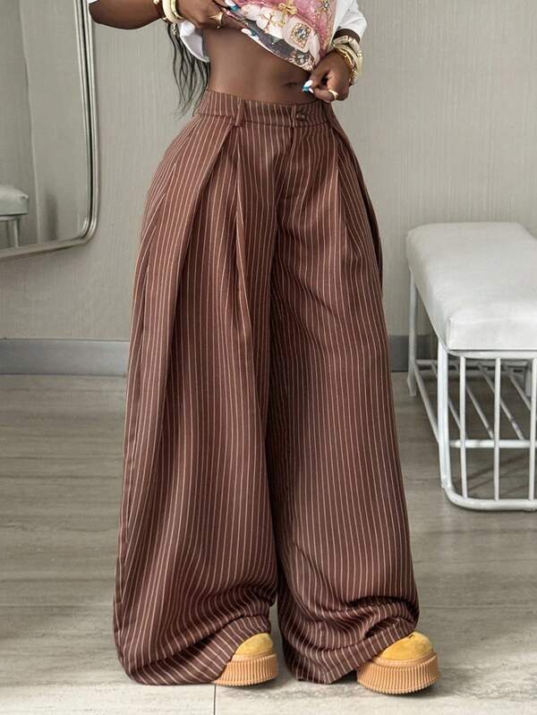 Coolane Pantalones casuales y de calle vintage de verano y otoño para mujer, con dobladillo curvo marrón oversize, pantalones cargo a rayas para salir