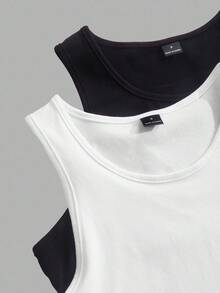 Tseoso 两件装休闲圆领修身女式背心，适合夏季返校、初秋、冬季穿着，95%棉，复古可爱，甜美少女风，夏季外出必备，居家休闲，返校季，秋季女装，百搭，教师/办公室女性，外出上衣，送给妈妈的礼物 - 黑與白 - 查看 3