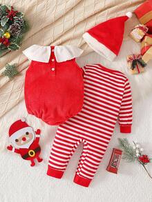 SHEIN Playful Pals 3pcs Baby Boy Christmas Outfit Set: Cute Romper, Striped Envelope Collar Jumpsuit, And Hat, Winter Clothing Baby Christmas Clothing Infant Christmas Outfit Baby Santa Costume Baby Santa Outfit