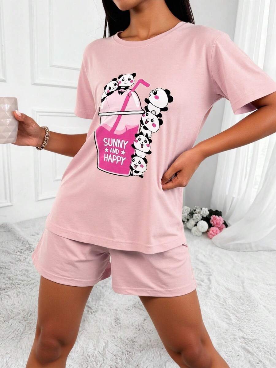 EURMUSE Cotton Cartoon & Slogan Graphic PJ Set - Coral Pink - View 1