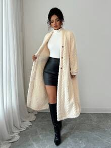 Elenzga Áo khoác cardigan dài có lớp lót giữ nhiệt, họa tiết lông mềm mại dành cho nữ, dáng rộng thoải mái - Màu be - Xem 7