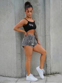 SAYEHFBABY 破洞毛边牛仔短裤 - 淺灰色 - 查看 5