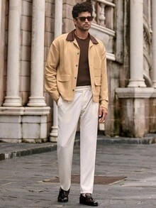 HIMLAND Men's Casual Woven Patchwork Turndown Collar Loose Drop Shoulder Shacket Men Shacket Men Summer Jacket Cropped Men Jacket Earthy Men, Fall, Winter - Multicolor - View 1