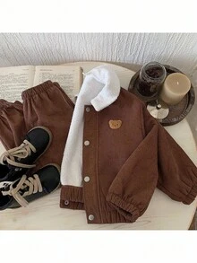 2件套男童梭织领休闲夹克和保暖内衬裤子套装 - 棕色 - 查看 6