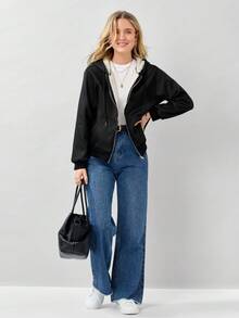 Miaspire Women's Casual Loose Fit Black Knitted Hooded Fleece Sweatshirt, Winter,Long Sleeve Tops - Black - View 4