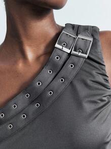 Maija Women's Dark Grey Summer Boyish Night One Shoulder Top,Adjustable Buckle Design Ruched Sleeveless Blouse, Y2k Concert Date Night Top - Grey - View 7
