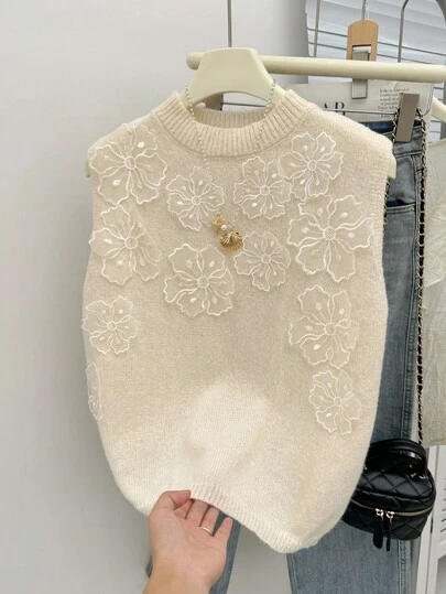 SHEIN Frenchy Women's Solid Color Knit Casual Sweater, Minimalist And Fashionable, Suitable For Daily Wear Women's Handmade 3D Floral Pattern Knit Sweater Vest, Casual Sweater, Autumn Women's Wear, Can Be Worn Outerwear/Layering, Daily Wear, Tube Top Winter Casual