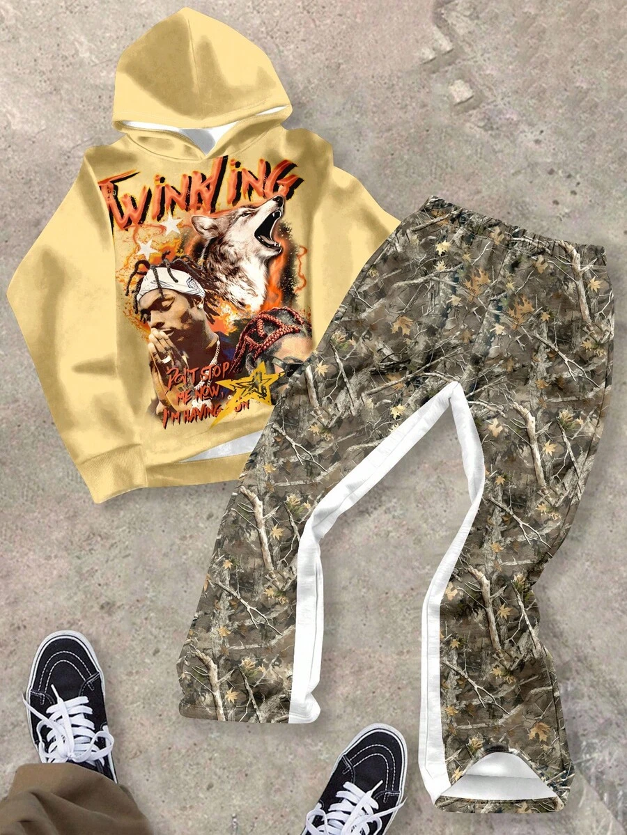 SHEIN 2 件套青少年男孩休闲经典酷炫说唱歌手图案印花连帽衫和阔腿裤套装,饰有狼和裸树枝图案,适合秋冬季 - 彩色 - 查看 1