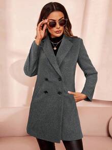 SHEIN Clasi Mantel Wanita Lengan Panjang Kancing Ganda Warna Polos, Musim Gugur/Dingin, Musim Semi - Dark Grey - View 5