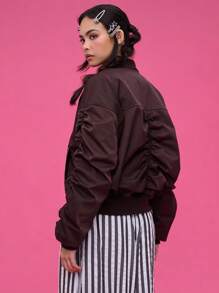 COUREZ Ruched Asymmetric Bomber Jacket /Y2K Going Out Women Cute Spring Going Out Tops Tops Spring For Women Gothic - Chocolate Brown - View 3