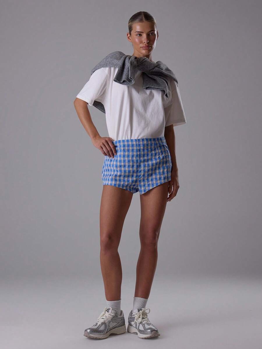 MUSERA Checkered Fitted Mini Shorts Summer Streetwear Y2k Cool Girl Beach Western City Muse Vacation Nashville - Blue - View 1
