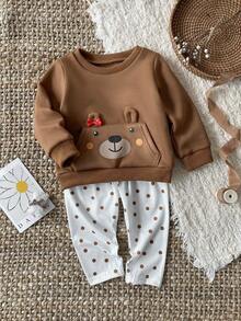 SHEIN 2 件套女婴可爱卡通熊波尔卡圆点长裤和长袖服装套装，秋冬 - 棕色 - 查看 3