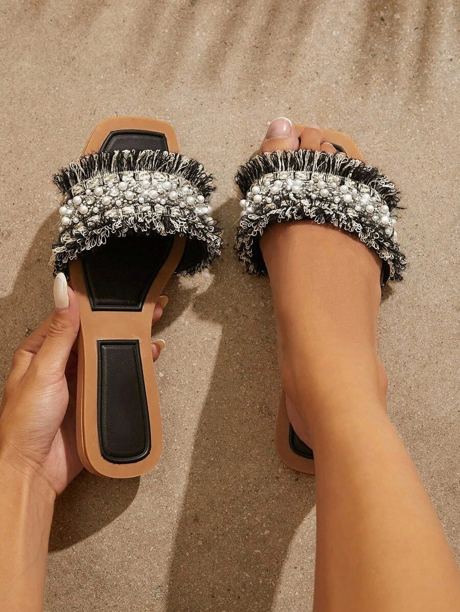 SHUZIA Women's Rhinestone Decorated Fringe Flat Sandals - Black - View 1