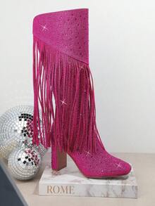 SHUZIA Women Pink Sparkling Fringe Splicing Chunky High Heel Over The Knee Boots, Suitable For Parties And Gatherings
