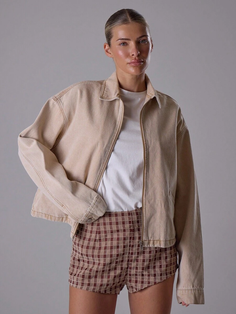 MUSERA 宽松版型翻领拉链长袖牛仔外套,春夏街头风,适合书店、音乐会、节日等场合,返校季、工作、办公室、冬季休闲等各种场合,尽显时尚魅力。 - 米色 - 查看 1