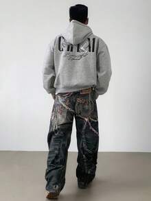 DAZY 男士字母刺绣街头风连帽卫衣，秋季 - 灰色 - 查看 5