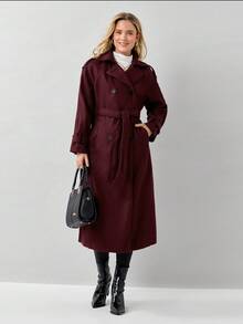 Miaspire Ancora Red 女士纯色立领双排扣休闲外套，秋冬款 - 酒紅色 - 查看 6