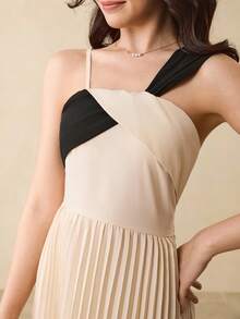 少女细肩带褶饰拼布后背褶皱腰修身优雅派对连衣裙，适合万圣节、圣诞节 - 杏色 - 查看 8