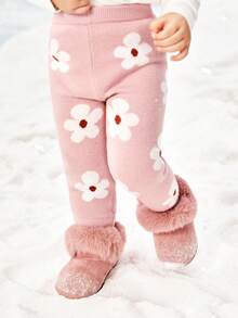 SHEIN Newborn Floral Jacquard Knit High Waist Leggings,In Fall/Winter