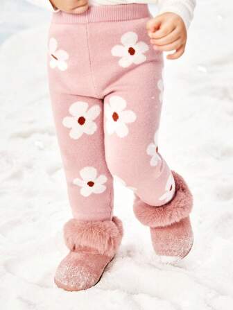 SHEIN Newborn Floral Jacquard Knit High Waist Leggings,In Fall/Winter