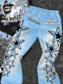 SHEIN Bolty Tween Boy Casual Classic Cool Character Portrait & Text Print Crew Neck T-Shirt, Star Print Flare Pants 2 Pieces Set, Suitable For Summer