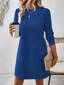 EMERY ROSE 休闲纯色常规长袖连衣裙 - 藍色 - 查看 5