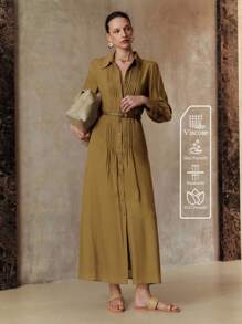 Arave Đầm suông Tencel trơn màu cổ bẻ cài nút trang trí tay dài thắt eo thắt nơ thoải mái thoáng khí, thích hợp mặc hàng ngày, đi nghỉ, hẹn hò, đi làm, mua sắm vào mùa hè và mùa thu - Màu xanh Ô liu - Xem 6