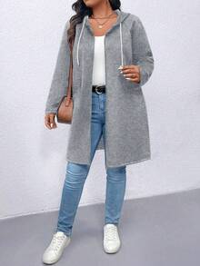 EMERY ROSE Plus Size Casual Solid Color Hooded Jacket Fall Winter Cloth For Women Autumn - Light Grey - View 6