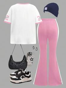 SHEIN Leap Crew 两件套复古运动风，浅粉色，街头数字图案，少女休闲宽松圆领短袖T恤和喇叭裤套装，适合秋季穿着。 - 彩色 - 查看 2