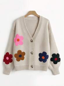 EURMUSE Women Front Button Flower Embroidery Drop Shoulder Cardigan,Long Cardigans Woman,Petite Cardigans,Cardigans - Black and White - View 1