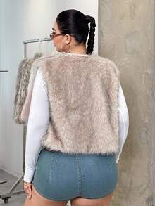 SHEIN EZwear 蓬松加厚大码女式前开宽松背心/夹克，适合冬季 - 杏色 - 查看 2