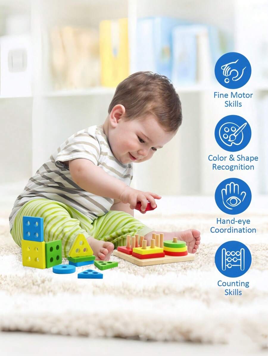MINKOJA Decoration Wooden Geometric Building Puzzle Matching Toys For Cognitive Color & Shape Recognition And Early Education For Kids School Supplies - Multicolor - View 1